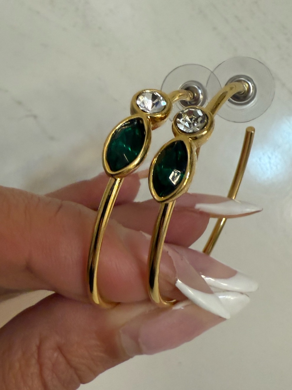 Gold Hoop Earrings with Emerald Green Marquise Stones